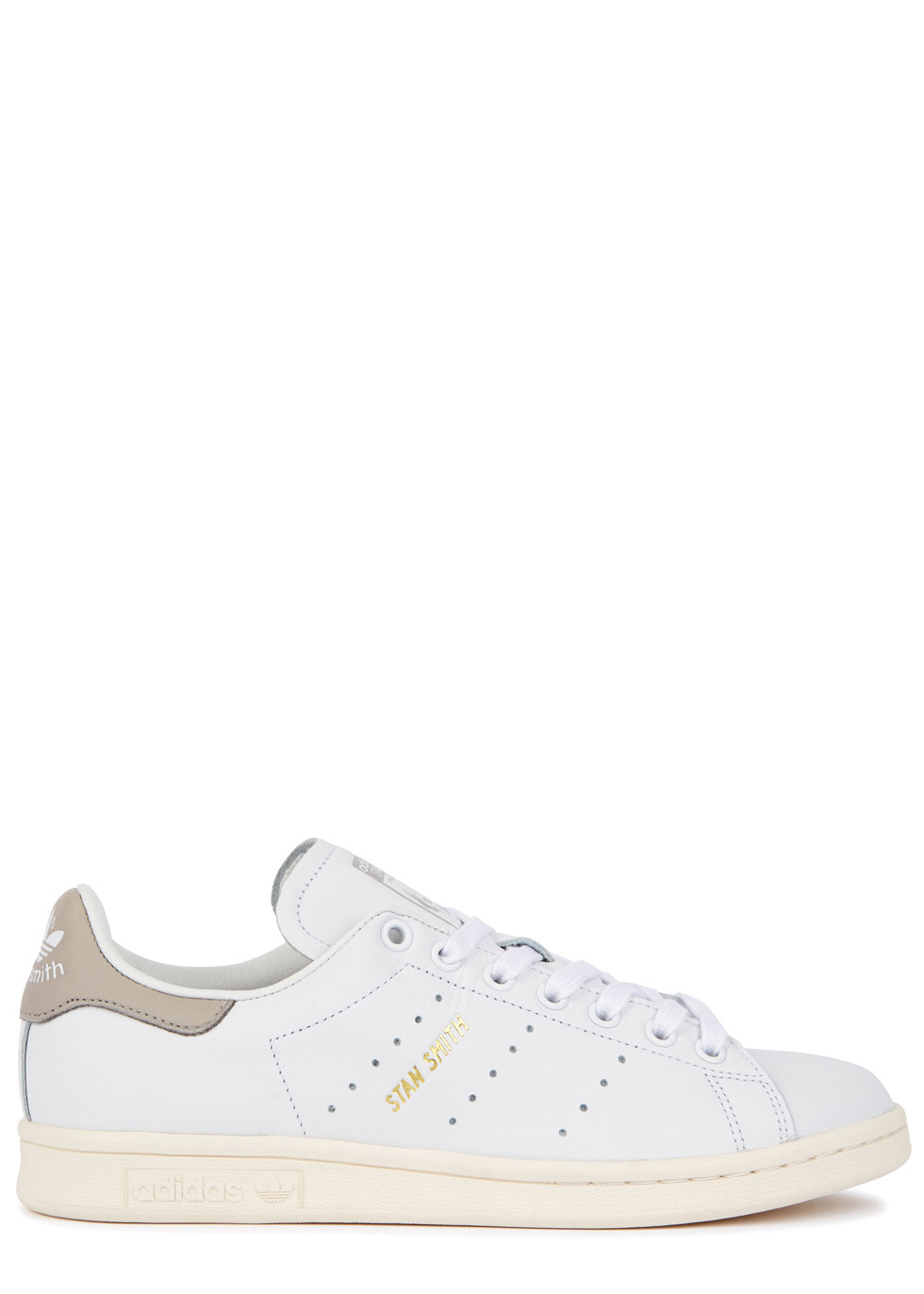 Stan Smith White Leather Trainers Size 7.5 - predominant colour: white; secondary colour: gold; occasions: casual, creative work; material: leather; heel height: flat; toe: round toe; style: trainers; finish: plain; pattern: colourblock; wardrobe: highlight; season: s/s 2017