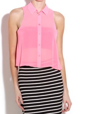 Sleeveless Drop Armhole Shirt - neckline: shirt collar/peter pan/zip with opening; pattern: plain; sleeve style: sleeveless; bust detail: sheer at bust, buttons at bust (in middle at breastbone)/zip detail at bust; length: cropped; style: shirt; back detail: racer back/sports back; waist detail: twist front waist detail/nipped in at waist on one side/soft pleats/draping/ruching/gathering waist detail; predominant colour: pink; occasions: casual, evening, work; fibres: polyester/polyamide - 100%; material texture: chiffon; fit: loose; hip detail: soft pleats at hip/draping at hip/flared at hip; sleeve length: sleeveless; texture group: sheer fabrics/chiffon/organza etc.; pattern type: fabric; pattern size: standard