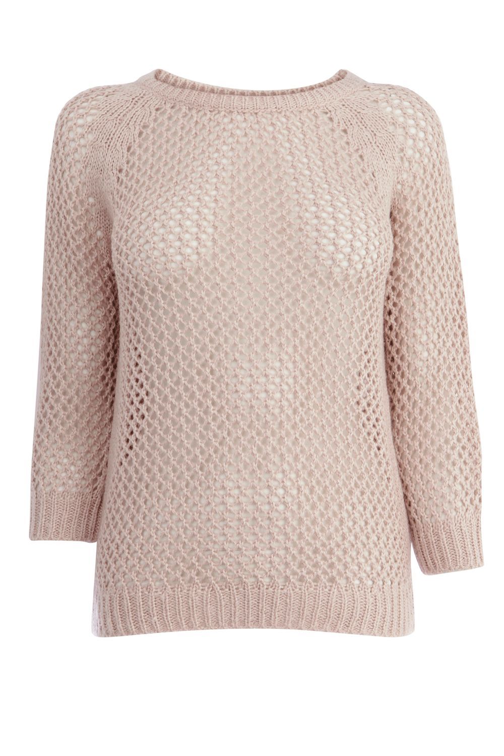 Women's Mesh Jumper, Light Grey - neckline: slash/boat neckline; pattern: holey knit; style: standard; predominant colour: light grey; occasions: casual, work; length: standard; trends: knitwear; fibres: acrylic - mix; fit: slim fit; sleeve length: 3/4 length; sleeve style: standard; pattern type: knitted - other; pattern size: standard
