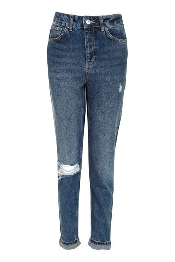 Moto Dark Blue Ripped Mom Jeans - length: standard; pattern: plain; pocket detail: traditional 5 pocket; waist: mid/regular rise; style: tapered; predominant colour: navy; occasions: casual; fibres: cotton - 100%; jeans detail: whiskering, rips; jeans & bottoms detail: turn ups; texture group: denim; pattern type: fabric; wardrobe: basic; season: s/s 2017
