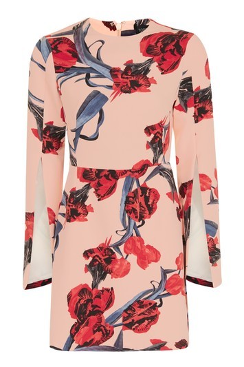 Manga Print Split Sleeve A Line Dress - length: mid thigh; sleeve style: bell sleeve; predominant colour: pink; secondary colour: denim; occasions: evening; fit: fitted at waist & bust; style: fit & flare; fibres: polyester/polyamide - stretch; neckline: crew; sleeve length: long sleeve; pattern type: fabric; pattern size: big & busy; pattern: florals; texture group: jersey - stretchy/drapey; multicoloured: multicoloured; trends: glossy girl, pretty girl; wardrobe: event; season: s/s 2017