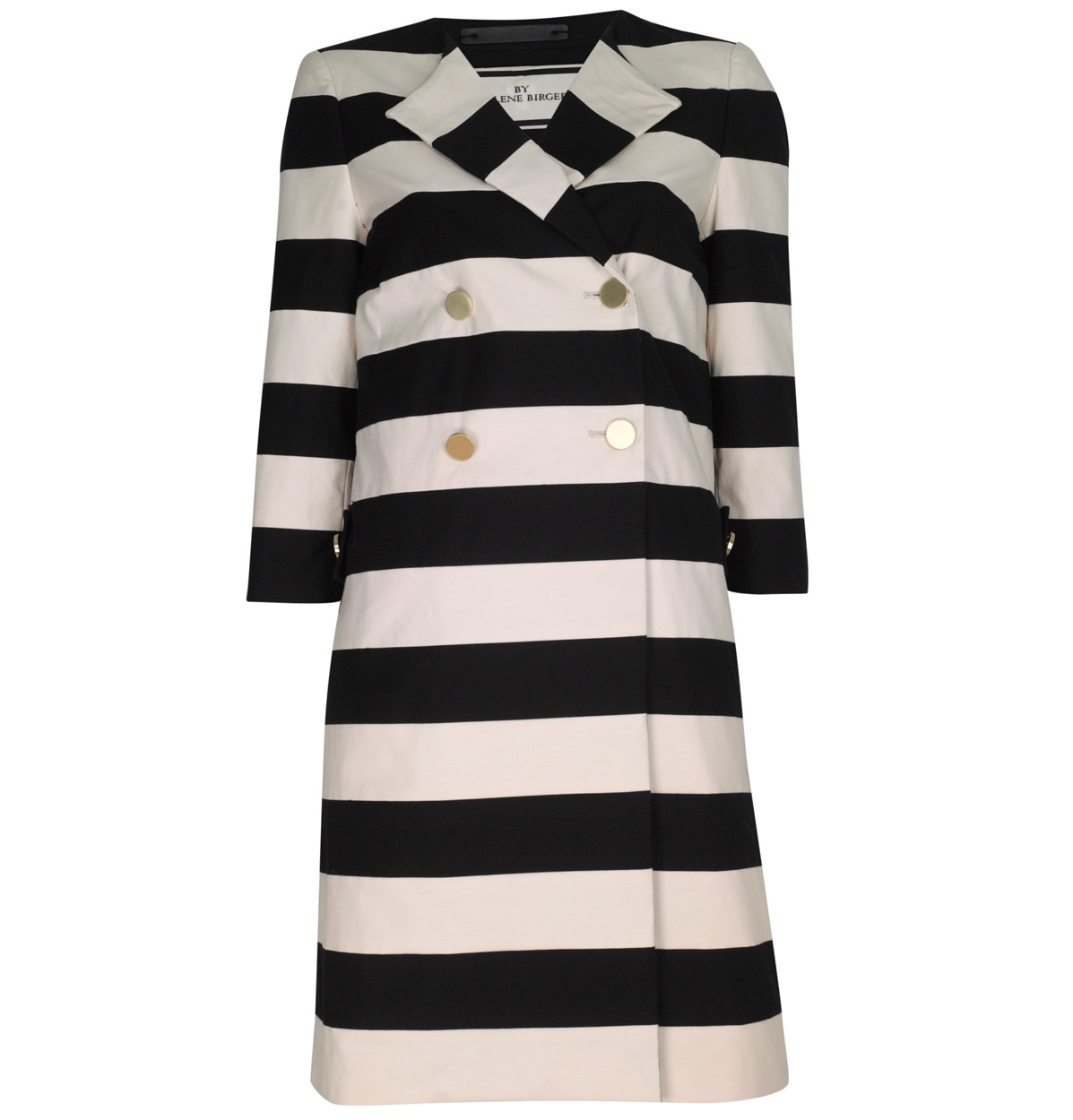 Salerna Striped Cotton Blend Coat - pattern: horizontal stripes, heavily patterned, vertical stripes, monochrome, patterned/print; bust detail: added detail/embellishment at bust; style: double breasted; length: on the knee; collar: standard lapel/rever collar; predominant colour: black; occasions: casual, evening, work, occasion; fit: straight cut (boxy); trends: prints; fibres: cotton - mix; material texture: jersey; hip detail: contrast fabric/print detail at hip; waist detail: fitted waist, belted waist/tie at waist/drawstring; back detail: embellishment at back; sleeve length: 3/4 length; sleeve style: standard; collar break: medium; pattern type: fabric; pattern size: big & busy; texture group: jersey - stretchy/drapey