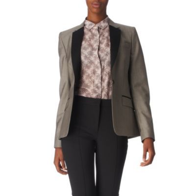 Tuxedo Lapels Jacket - pattern: plain; style: single breasted tuxedo; shoulder detail: shoulder pads; hip detail: side pockets at hip, front pockets at hip; collar: standard lapel/rever collar; predominant colour: mid grey; occasions: casual, evening, work, occasion; length: standard; fit: straight cut (boxy); trends: masculine tailoring, colour blocking; fibres: wool - mix; material texture: satin; waist detail: fitted waist; bust detail: contrast pattern/fabric/detail at bust; sleeve length: long sleeve; sleeve style: standard; texture group: structured shiny - satin/tafetta/silk etc.; pattern type: fabric; pattern size: standard