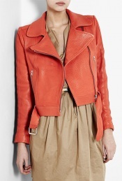 Heavy Leather Biker Jacket - pattern: plain; style: biker; shoulder detail: shoulder pads; collar: standard biker; length: cropped; predominant colour: coral; occasions: casual, evening; fit: tailored/fitted; fibres: leather - 100%; waist detail: belted waist/tie at waist/drawstring; trends: brights; sleeve length: long sleeve; sleeve style: standard; collar break: high/illusion of break when open; pattern type: fabric; pattern size: standard