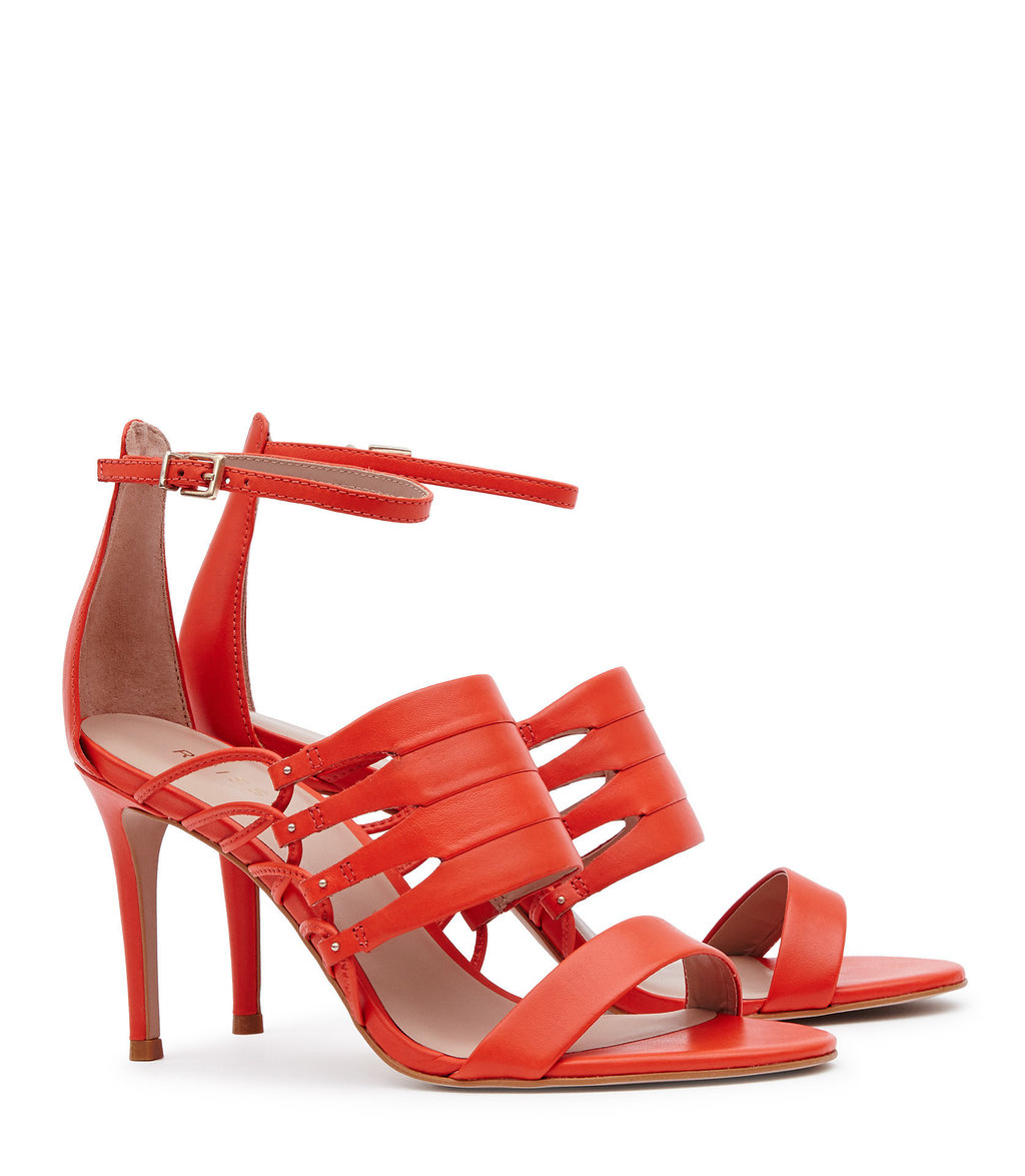 Ravenna Womens Strappy Open Toe Shoes In Red - predominant colour: true red; occasions: evening, occasion; material: leather; heel height: high; ankle detail: ankle strap; heel: stiletto; toe: open toe/peeptoe; style: courts; finish: plain; pattern: plain; wardrobe: event; season: s/s 2017