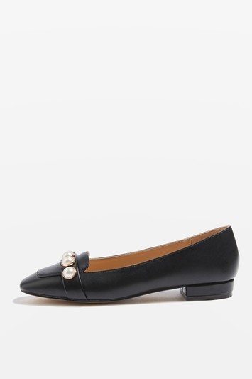 Annette Pearl Detail Shoes - predominant colour: white; secondary colour: ivory/cream; occasions: work, creative work; material: faux leather; heel height: flat; embellishment: pearls; toe: square toe; style: ballerinas / pumps; finish: plain; pattern: plain; trends: glossy girl, pretty girl, modern graphic; wardrobe: basic; season: s/s 2017