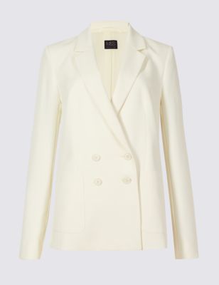 Double Breasted Patch Pocket Jacket - pattern: plain; style: double breasted blazer; collar: standard lapel/rever collar; predominant colour: ivory/cream; occasions: evening, occasion; length: standard; fit: tailored/fitted; fibres: polyester/polyamide - 100%; sleeve length: long sleeve; sleeve style: standard; collar break: medium; pattern type: fabric; texture group: woven light midweight; wardrobe: event; season: s/s 2017