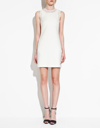 Dress With Lace Details - style: shift; length: mid thigh; neckline: round neck; fit: tailored/fitted; pattern: plain, lace; sleeve style: sleeveless; waist detail: fitted waist; hip detail: fitted at hip; shoulder detail: contrast pattern/fabric at shoulder; predominant colour: white; occasions: evening, work, occasion; fibres: polyester/polyamide - mix; material texture: lace; back detail: keyhole/peephole detail at back, sheer fabric at back; sleeve length: sleeveless; texture group: lace; pattern type: fabric; pattern size: standard