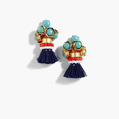 Floral Tassel Earrings - secondary colour: navy; predominant colour: gold; occasions: evening, occasion; style: drop; length: mid; size: standard; material: chain/metal; fastening: pierced; finish: metallic; embellishment: beading; multicoloured: multicoloured; wardrobe: event; season: s/s 2017