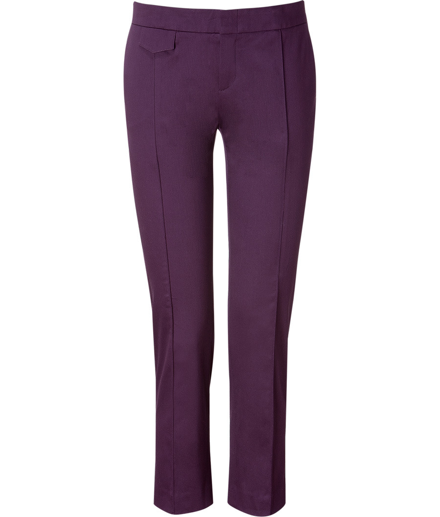 Deep Purple Pants - pocket detail: pockets at the sides; waist: mid/regular rise; predominant colour: aubergine; occasions: work; length: calf length; fibres: cotton - stretch; fit: straight leg; style: standard