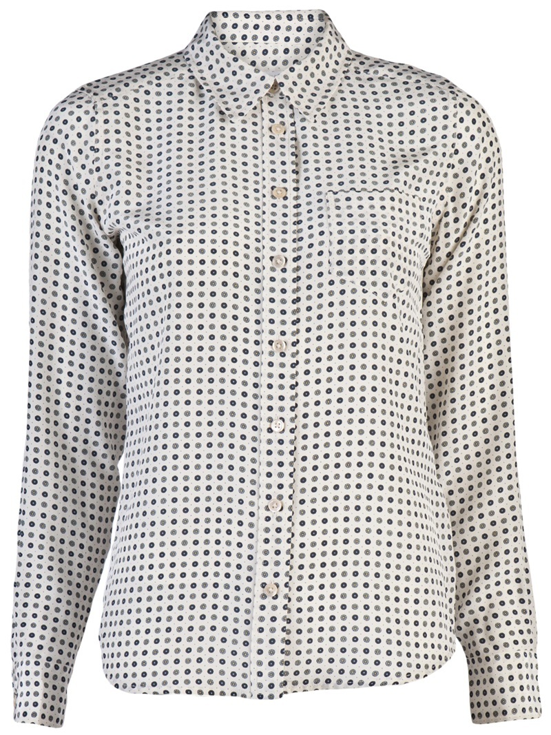Brett Geo Vintage Shirt - neckline: shirt collar/peter pan/zip with opening; pattern: print, patterned/print; bust detail: added detail/embellishment at bust, buttons at bust (in middle at breastbone)/zip detail at bust; length: below the bottom; style: shirt; predominant colour: ivory; occasions: casual, work; fibres: silk - 100%; material texture: chiffon; fit: straight cut; trends: prints; sleeve length: long sleeve; sleeve style: standard; texture group: sheer fabrics/chiffon/organza etc.; pattern type: fabric; pattern size: standard