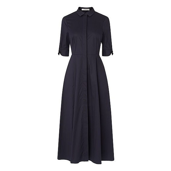 Darly Navy Cotton Dress - length: calf length; neckline: shirt collar/peter pan/zip with opening; fit: fitted at waist; pattern: plain; style: full skirt; predominant colour: navy; occasions: casual, occasion, creative work; fibres: cotton - stretch; sleeve length: half sleeve; sleeve style: standard; texture group: cotton feel fabrics; pattern type: fabric; wardrobe: basic; season: s/s 2017