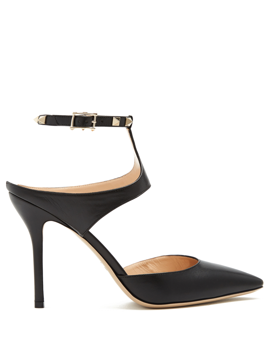 Rockstud Point Toe Leather Pumps - predominant colour: black; occasions: evening, occasion, creative work; material: leather; heel height: high; embellishment: studs; ankle detail: ankle strap; heel: stiletto; toe: pointed toe; style: courts; finish: plain; pattern: plain; wardrobe: highlight; season: s/s 2017