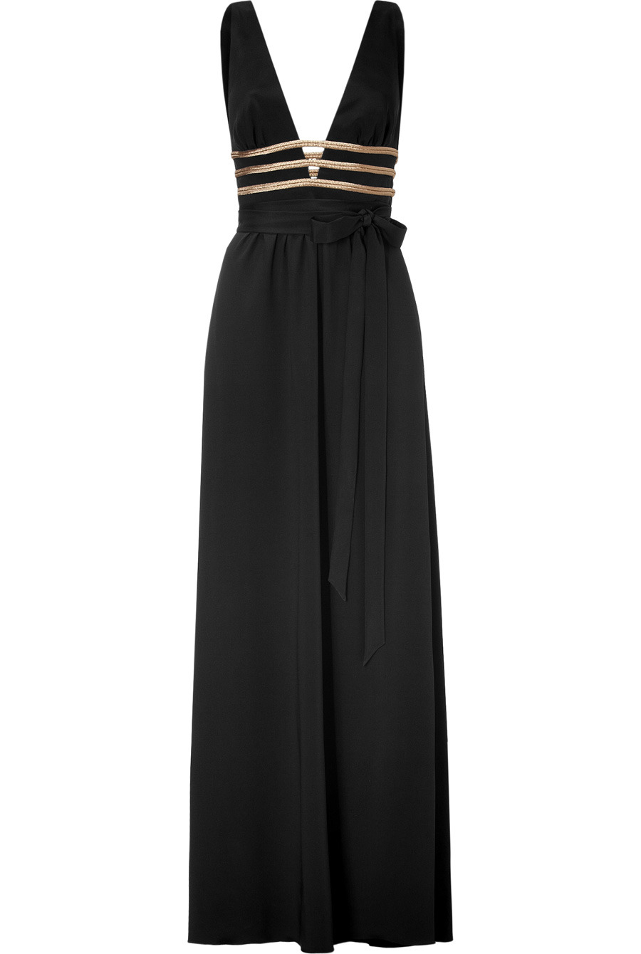 Black And Gold Deep V Neck Gown - neckline: low v-neck; pattern: plain; sleeve style: sleeveless; style: maxi dress; bust detail: added detail/embellishment at bust; waist detail: fitted waist, twist front waist detail/nipped in at waist on one side/soft pleats/draping/ruching/gathering waist detail; back detail: low cut/open back; predominant colour: black; occasions: evening, occasion; length: floor length; fit: body skimming; fibres: silk - mix; sleeve length: sleeveless; pattern type: fabric; pattern size: standard