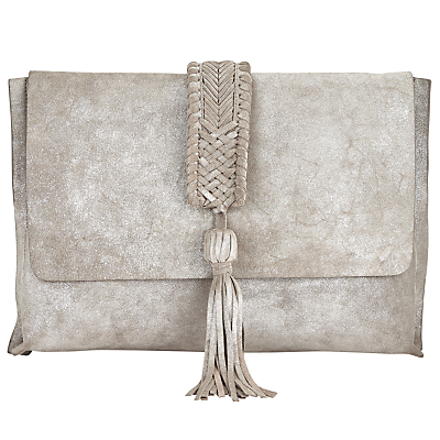 Rowena Leather Clutch Bag - predominant colour: silver; occasions: evening; type of pattern: standard; style: clutch; length: hand carry; size: small; material: leather; embellishment: tassels; pattern: plain; finish: plain; wardrobe: event; season: s/s 2017
