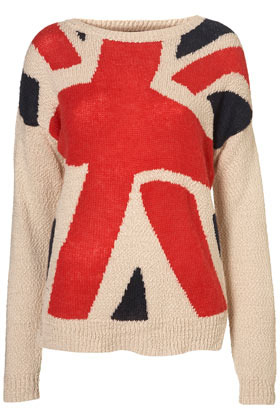 Knitted Union Jack Jumper - neckline: slash/boat neckline; pattern: print, picture design, patterned/print; style: standard; predominant colour: true red; occasions: casual; length: standard; trends: knitwear; fibres: cotton - mix; fit: standard fit; sleeve length: long sleeve; sleeve style: standard; pattern type: knitted - other; pattern size: standard