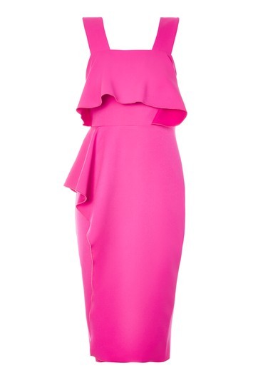 Frill Midi Pencil Dress - style: shift; length: below the knee; fit: tailored/fitted; pattern: plain; sleeve style: sleeveless; predominant colour: hot pink; occasions: evening, occasion; fibres: polyester/polyamide - 100%; sleeve length: sleeveless; texture group: crepes; neckline: low square neck; bust detail: bulky details at bust; pattern type: fabric; trends: fashion girl, glossy girl; wardrobe: event; season: s/s 2017; embellishment: frills; embellishment location: bust