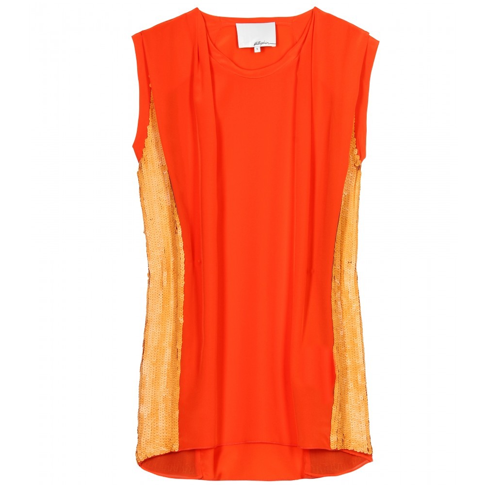Sequined Silk Top - neckline: round neck; pattern: plain; sleeve style: sleeveless; bust detail: ruching/gathering/draping/layers/pintuck pleats at bust; predominant colour: bright orange; occasions: casual, evening; length: standard; style: top; fibres: silk - 100%; material texture: chiffon; fit: body skimming; sleeve length: sleeveless; texture group: sheer fabrics/chiffon/organza etc.; pattern type: fabric; pattern size: standard; embellishment: sequins