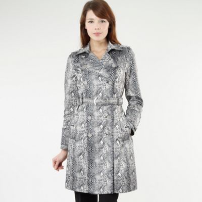 Natural Snake Print Mac - hip detail: side pockets at hip; style: mac; pattern: big animal print, animal print; collar: standard lapel/rever collar; length: mid thigh; predominant colour: mid grey; occasions: casual; fit: straight cut (boxy); fibres: cotton - mix; waist detail: belted waist/tie at waist/drawstring; trends: prints; sleeve length: long sleeve; sleeve style: standard; collar break: medium; pattern type: fabric; pattern size: big & busy