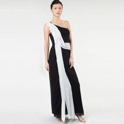 Black Linear Ruffle One Shoulder Dress - style: asymmetric (top); pattern: two-tone, monochrome; sleeve: asymmetric sleeve; waist detail: fitted waist, twist front waist detail/nipped in at waist on one side/soft pleats/draping/ruching/gathering waist detail; neckline: asymmetric; shoulder detail: tiers/frills/ruffles/ruching/gathering at shoulder, contrast pattern/fabric at shoulder; bust detail: tiers/ruffles/ruching/gathering/draping/layers/pleats at bust; predominant colour: black; occasions: evening wear, special occasions wear; length: floor length; fit: body skimming; material: 100% polyester; material texture: chiffon; hip detail: soft pleats at hip/draping at hip