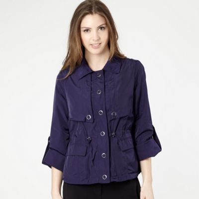 Purple Short Drawstring Jacket - pattern: plain; collar: round collar/collarless; style: tailored/fitted; predominant colour: indigo; occasions: casual; length: standard; fit: tailored/fitted; fibres: polyester/polyamide - 100%; sleeve length: long sleeve; sleeve style: standard; collar break: high; pattern type: fabric; pattern size: standard
