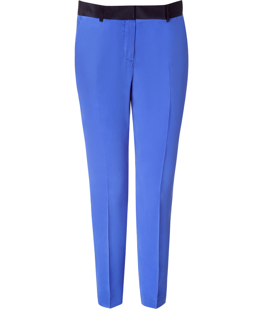 Royal Blue Silk Pants - waist detail: fitted waist, wide waistband/cummerbund, narrow waistband; pocket detail: small back pockets, pockets at the sides; waist: mid/regular rise; predominant colour: royal blue; occasions: evening, work, occasion; length: calf length; fibres: silk - 100%; trends: aquatic, brights; fit: tapered; style: standard