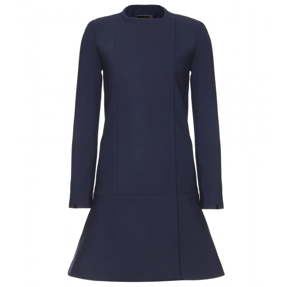 Collarless Wool Coat - pattern: plain; shoulder detail: shoulder pads; collar: round collar/collarless; style: single breasted; fit: slim fit; length: mid thigh; predominant colour: navy; occasions: casual, work, occasion; fibres: wool - mix; waist detail: fitted waist; sleeve length: long sleeve; sleeve style: standard; collar break: high; pattern type: fabric; pattern size: standard