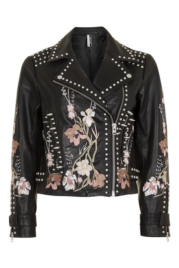 Tall Embroidered Leather Jacket - style: biker; collar: asymmetric biker; secondary colour: pink; predominant colour: black; occasions: casual, creative work; length: standard; fit: straight cut (boxy); fibres: leather - 100%; sleeve length: long sleeve; sleeve style: standard; texture group: leather; collar break: medium; pattern type: fabric; pattern size: standard; pattern: florals; embellishment: embroidered; multicoloured: multicoloured; wardrobe: highlight; season: s/s 2017; embellishment location: pattern