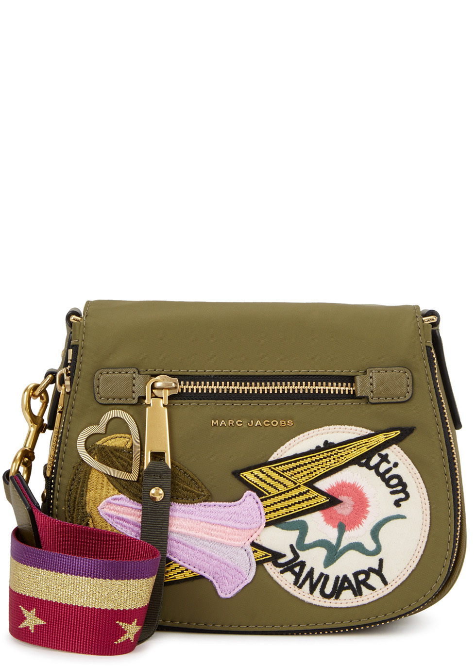 Nomad Small AppliquÃd Shoulder Bag - secondary colour: white; predominant colour: khaki; occasions: casual; type of pattern: standard; style: shoulder; length: shoulder (tucks under arm); size: small; material: leather; embellishment: applique; finish: plain; pattern: patterned/print; multicoloured: multicoloured; wardrobe: highlight; season: s/s 2017