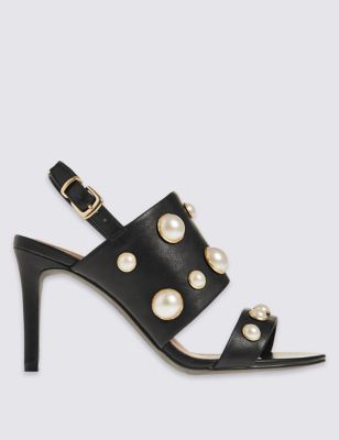 Stiletto Pearl Sandals With Insolia - predominant colour: black; occasions: evening, occasion; material: faux leather; heel height: high; embellishment: pearls; heel: stiletto; toe: open toe/peeptoe; style: strappy; finish: plain; pattern: plain; wardrobe: event; season: s/s 2017; trends: simply elevated