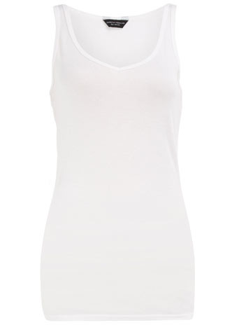 White V Neck Vest - neckline: v-neck; pattern: plain; sleeve style: sleeveless; waist detail: fitted waist; style: vest top; hip detail: fitted at hip; predominant colour: white; occasions: casual; length: standard; fibres: cotton - 100%; material texture: jersey; fit: body skimming; sleeve length: sleeveless; pattern type: fabric; pattern size: standard; texture group: jersey - stretchy/drapey