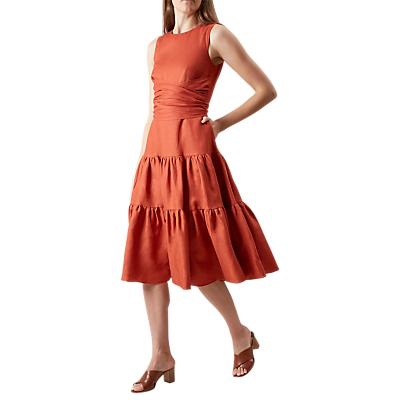Seville Dress - length: below the knee; pattern: plain; style: prom dress; sleeve style: leg o mutton; predominant colour: terracotta; fit: fitted at waist & bust; fibres: linen - mix; occasions: occasion; neckline: crew; hip detail: adds bulk at the hips; sleeve length: sleeveless; texture group: linen; pattern type: fabric; wardrobe: event; season: s/s 2017