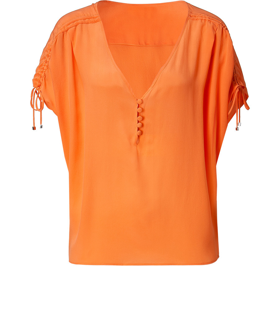 Apricot Silk Top - neckline: low v-neck; pattern: plain; bust detail: buttons at bust (in middle at breastbone)/zip detail at bust; predominant colour: bright orange; occasions: casual, evening, work; length: standard; style: top; fibres: silk - 100%; fit: body skimming; trends: sports luxe, brights; sleeve length: short sleeve; sleeve style: standard; pattern type: fabric; pattern size: standard