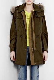 Olive Green Parka Coat - pattern: plain; length: below the bottom; shoulder detail: obvious epaulette, added shoulder detail; bust detail: added detail/embellishment at bust; hip detail: side pockets at hip, front pockets at hip; fit: loose; style: parka; back detail: hood; collar: hooded with opening; predominant colour: khaki; occasions: casual; trends: masculine tailoring, heritage; fibres: viscose/rayon - 100%; material texture: calico; waist detail: belted waist/tie at waist/drawstring; sleeve length: long sleeve; sleeve style: standard; texture group: cotton feel fabrics; pattern type: fabric; pattern size: standard