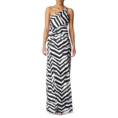 One Shoulder Maxi Dress - neckline: round neck; sleeve style: sleeveless; style: maxi dress; waist detail: fitted waist; pattern: big animal print, animal print; predominant colour: black; occasions: evening, occasion; length: floor length; fit: body skimming; fibres: polyester/polyamide - 100%; trends: prints; sleeve length: sleeveless; pattern type: fabric; pattern size: big & busy
