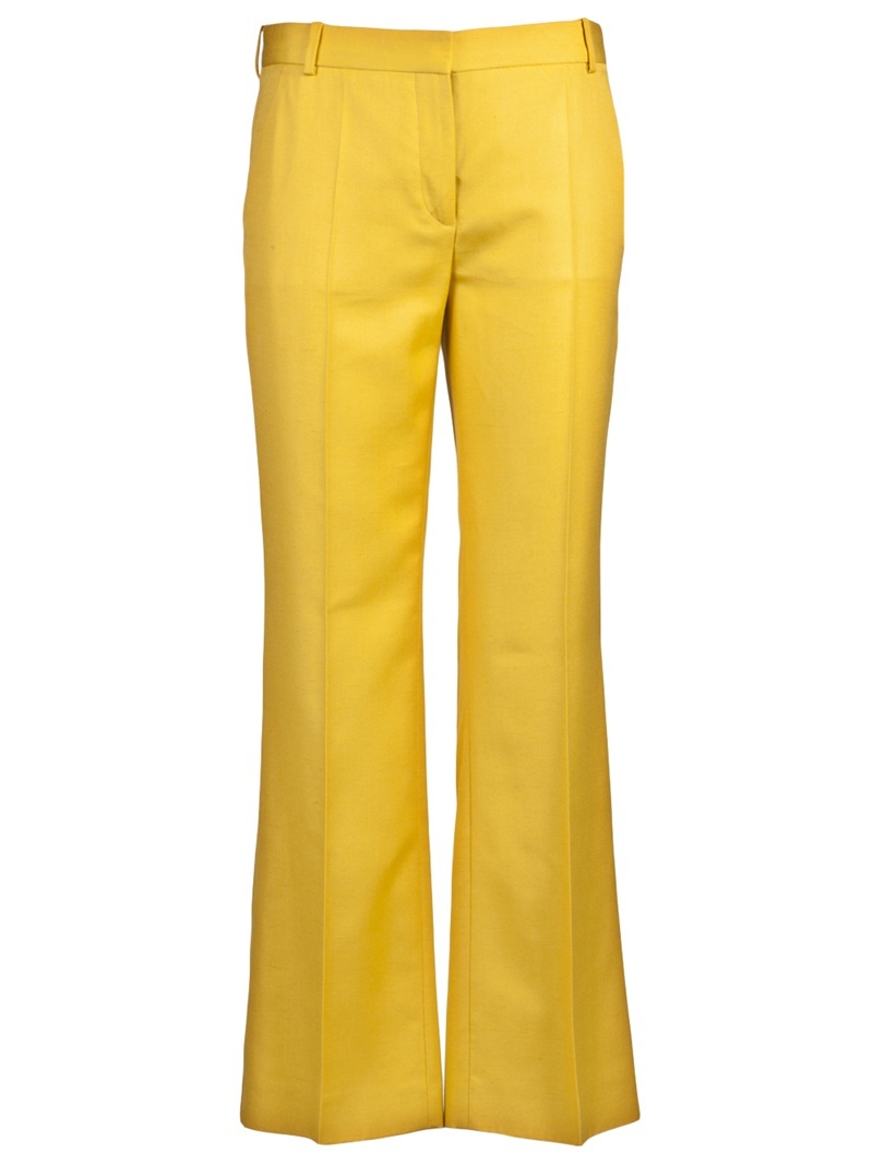 Slub Suiting Trouser - length: standard; waist detail: fitted waist, narrow waistband; pocket detail: small back pockets, pockets at the sides; waist: mid/regular rise; predominant colour: yellow; occasions: casual, evening, work; fibres: polyester/polyamide - 100%; material texture: jersey; hip detail: fitted at hip (bottoms); trends: brights; fit: bootcut; texture group: jersey - stretchy/drapey; style: standard