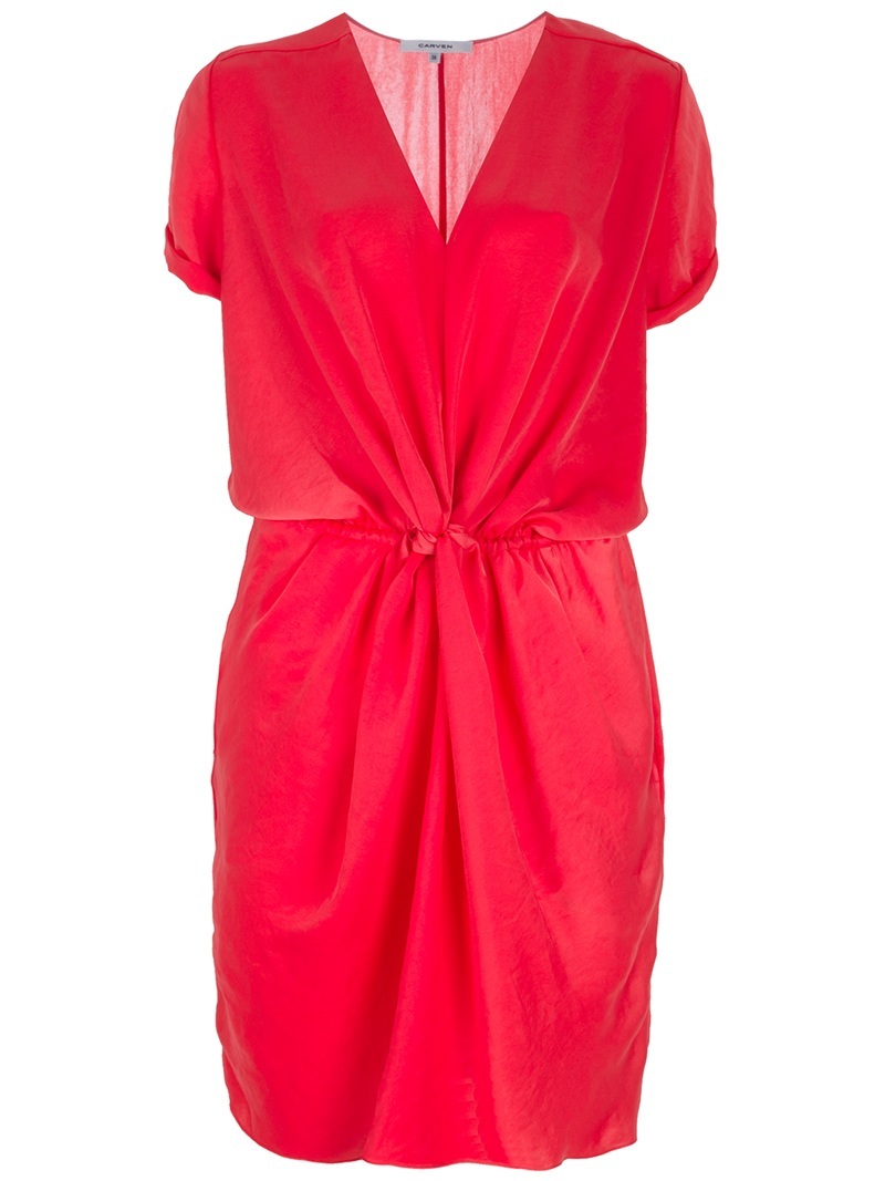 V Neck Dress - style: tunic; neckline: low v-neck; pattern: plain; waist detail: fitted waist, twist front waist detail/nipped in at waist on one side/soft pleats/draping/ruching/gathering waist detail; bust detail: ruching/gathering/draping/layers/pintuck pleats at bust; predominant colour: coral; occasions: casual, occasion; length: just above the knee; fit: body skimming; fibres: polyester/polyamide - 100%; hip detail: soft pleats at hip/draping at hip/flared at hip; trends: brights; sleeve length: short sleeve; sleeve style: standard; pattern type: fabric; pattern size: standard