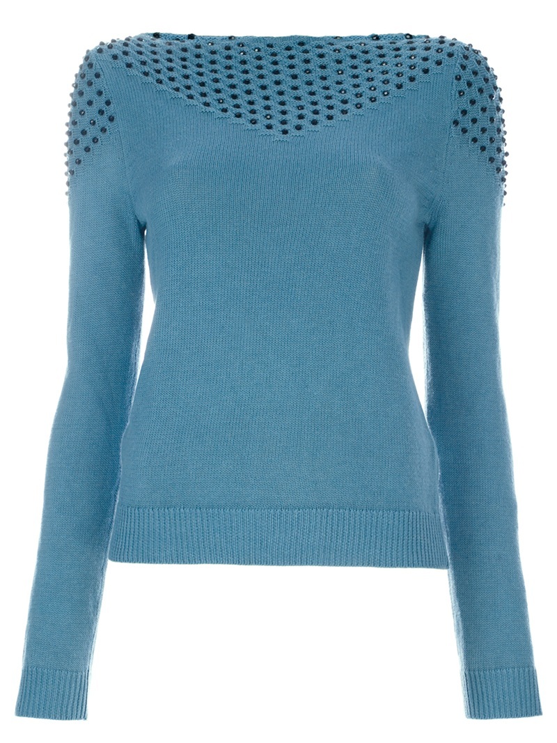 'La Perle' Sweater - neckline: slash/boat neckline; pattern: plain; style: standard; predominant colour: denim; occasions: casual, evening; length: standard; fibres: linen - mix; fit: slim fit; shoulder detail: added shoulder detail; back detail: keyhole/peephole detail at back; trends: aquatic; sleeve length: long sleeve; sleeve style: standard; pattern type: knitted - other; pattern size: light/subtle; embellishment: beading