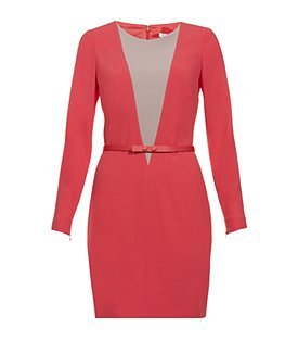 Illusion Belted Dress - length: mid thigh; neckline: round neck; fit: tight; pattern: plain; style: bodycon; waist detail: fitted waist, belted waist/tie at waist/drawstring; hip detail: fitted at hip; predominant colour: true red; occasions: evening, work; fibres: polyester/polyamide - 100%; bust detail: contrast pattern/fabric/detail at bust; trends: brights; sleeve length: long sleeve; sleeve style: standard; pattern type: fabric; pattern size: standard