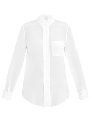 Silk Blouse - pattern: plain; neckline: high neck; bust detail: added detail/embellishment at bust; length: below the bottom; style: blouse; predominant colour: white; occasions: evening, work; fibres: silk - 100%; material texture: chiffon; fit: loose; sleeve length: long sleeve; sleeve style: standard; texture group: sheer fabrics/chiffon/organza etc.; pattern type: fabric; pattern size: standard