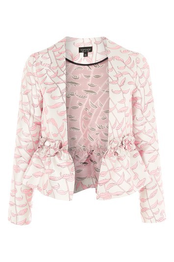 Ruffle Jacquard Jacket - style: single breasted blazer; collar: round collar/collarless; predominant colour: white; secondary colour: blush; occasions: evening, creative work; length: standard; fit: straight cut (boxy); fibres: viscose/rayon - 100%; waist detail: peplum detail at waist; sleeve length: long sleeve; sleeve style: standard; collar break: low/open; pattern type: fabric; pattern size: standard; pattern: patterned/print; texture group: brocade/jacquard; trends: pretty girl; season: a/w 2016; wardrobe: highlight