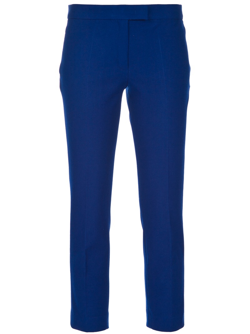 Cropped Trouser - style: capri; pocket detail: small back pockets, pockets at the sides; waist: mid/regular rise; predominant colour: royal blue; occasions: casual, work; length: calf length; fibres: cotton - stretch; trends: brights; fit: slim leg