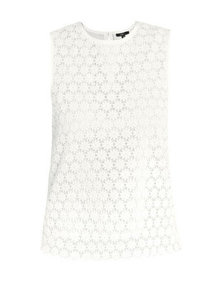 Lace Front Leather Top - neckline: round neck; pattern: plain, lace; sleeve style: sleeveless; back detail: contrast pattern/fabric at back; predominant colour: white; occasions: casual, evening, work; length: standard; style: top; fibres: leather - 100%; material texture: lace; fit: body skimming; trends: white, sports luxe; sleeve length: sleeveless; texture group: lace; pattern type: fabric; pattern size: standard