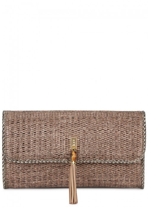 Portofino Bronze Raffia Clutch - predominant colour: bronze; occasions: evening, occasion; type of pattern: standard; style: clutch; length: hand carry; size: standard; material: macrame/raffia/straw; pattern: plain; finish: metallic; wardrobe: event; season: s/s 2017