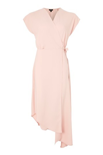 Asymmetric Wrap Dress - style: faux wrap/wrap; length: below the knee; neckline: v-neck; sleeve style: capped; fit: fitted at waist; pattern: plain; predominant colour: blush; occasions: evening; fibres: polyester/polyamide - 100%; sleeve length: short sleeve; pattern type: fabric; texture group: jersey - stretchy/drapey; trends: chic girl, glossy girl; wardrobe: event; season: s/s 2017