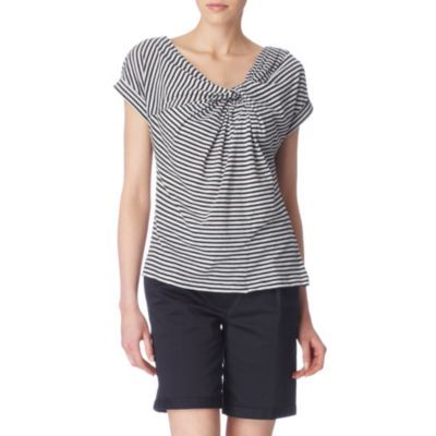 Striped Knot Top - neckline: low v-neck; sleeve style: capped; pattern: horizontal stripes, striped; bust detail: ruching/gathering/draping/layers/pintuck pleats at bust, knot twist front detail at bust; predominant colour: black; occasions: casual, work; length: standard; style: top; fibres: cotton - mix; material texture: jersey; fit: body skimming; trends: prints; sleeve length: short sleeve; pattern type: fabric; pattern size: standard; texture group: jersey - stretchy/drapey