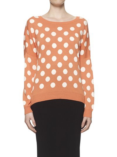 Betty Large Spot Jumper, Coral - neckline: round neck; pattern: polka dot; style: standard; predominant colour: terracotta; occasions: casual; length: standard; fibres: wool - 100%; fit: standard fit; sleeve length: long sleeve; sleeve style: standard; pattern type: knitted - other; pattern size: standard