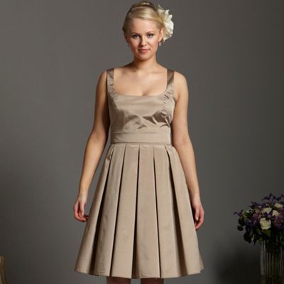 Light Gold Taffeta Prom Dress - sleeve style: wide vest straps; neckline: high square neck; pattern: plain; style: prom dress; waist detail: fitted waist, narrow waistband; back detail: tie detail at back; predominant colour: champagne; occasions: evening, occasion; length: on the knee; fit: fitted at waist & bust; fibres: polyester/polyamide - 100%; material texture: taffeta; hip detail: structured pleats at hip; sleeve length: sleeveless; texture group: structured shiny - satin/tafetta/silk etc.; pattern type: fabric; pattern size: standard