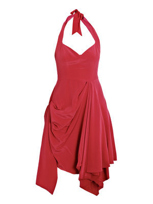 Halterneck Silk Dress - pattern: plain; sleeve: sleeveless; waist detail: fitted waist; neckline: halter neck; predominant colour: true red; occasions: evening wear, special occasions wear; length: on the knee; fit: body skimming; style: asymmetric (hem); material: pure silk; hip detail: structured pleats at hip, soft pleats at hip/draping at hip; trends: 1950's