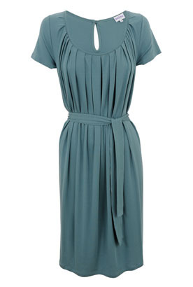 Marine Pleated Jersey Dress - style: shift; fit: fitted at waist; pattern: plain; waist detail: fitted waist, twist front waist detail/nipped in at waist on one side/soft pleats/draping/ruching/gathering waist detail, belted waist/tie at waist/drawstring; bust detail: ruching/gathering/draping/layers/pintuck pleats at bust; predominant colour: teal; occasions: casual, work; length: just above the knee; neckline: scoop; fibres: polyester/polyamide - 100%; material texture: jersey; hip detail: soft pleats at hip/draping at hip/flared at hip; back detail: keyhole/peephole detail at back; trends: aquatic; sleeve length: short sleeve; sleeve style: standard; pattern type: fabric; pattern size: standard; texture group: jersey - stretchy/drapey